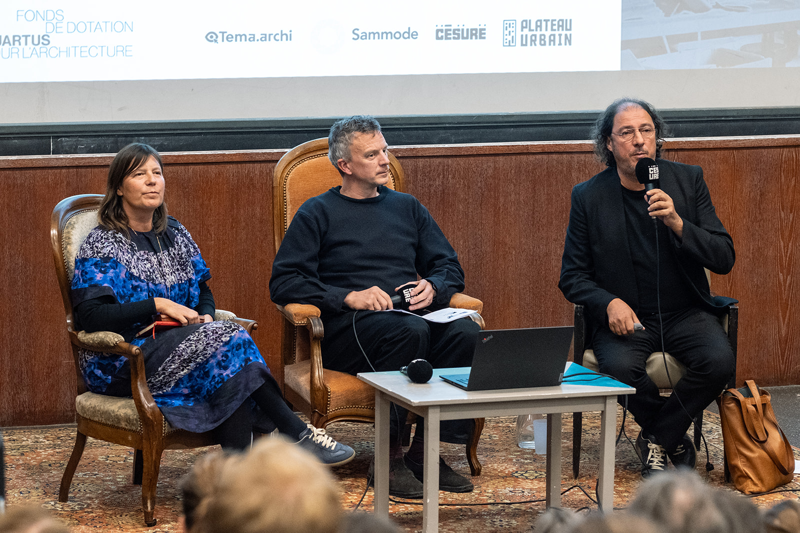 Caroline Poulin, Djamel Klouche et Freek Persyn lors de la conférence du fonds de dotation Quartus